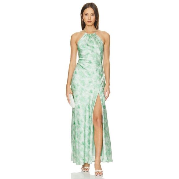New ASTR Lace Up Satin Slip Midi Elynor Dress in Green Abstract - Picture 4 of 5